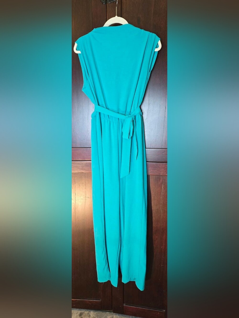 SHEIN Teal Turquoise Wide Leg Jumpsuit Women’s Large L 8/10 Sleeveless Tie Waist
